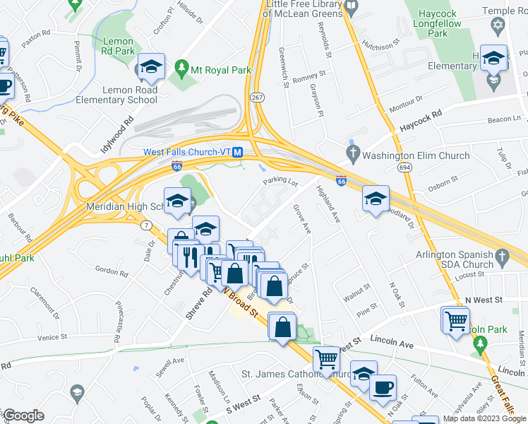map of restaurants, bars, coffee shops, grocery stores, and more near 7034 Falls Reach Drive in Falls Church