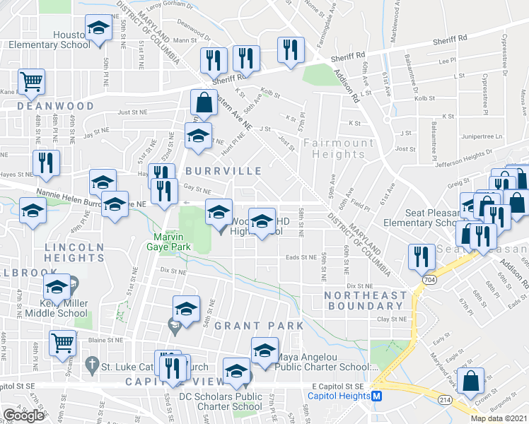 map of restaurants, bars, coffee shops, grocery stores, and more near 607 56th St NE in Washington