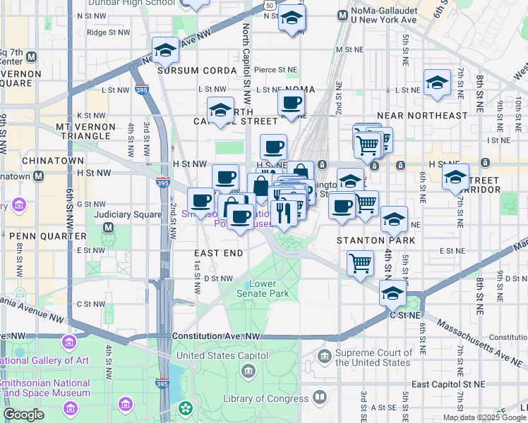 map of restaurants, bars, coffee shops, grocery stores, and more near 2 Massachusetts Avenue Northeast in Washington