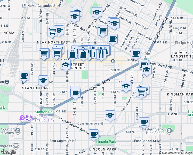 map of restaurants, bars, coffee shops, grocery stores, and more near 101 Independence Avenue Southeast in Washington