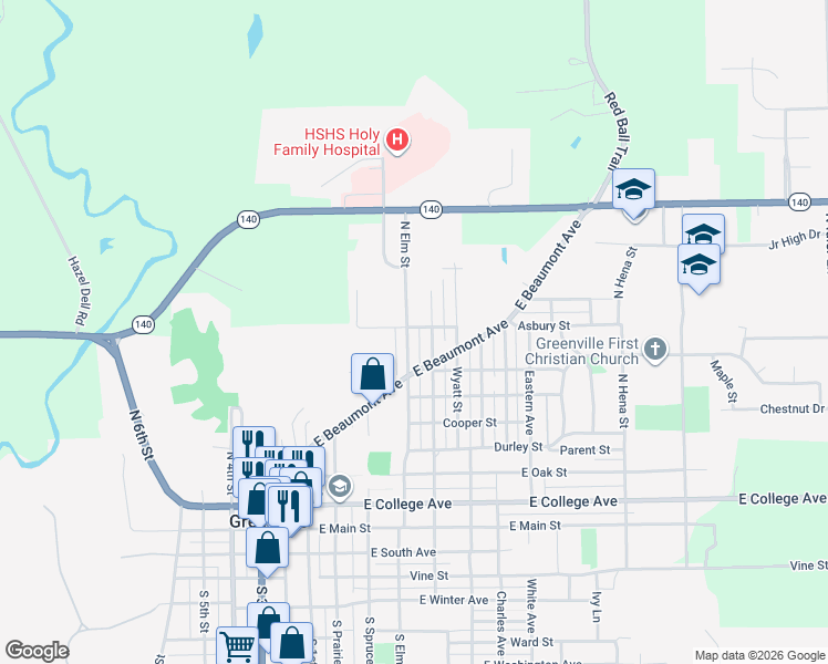 map of restaurants, bars, coffee shops, grocery stores, and more near 740 North Elm Street in Greenville