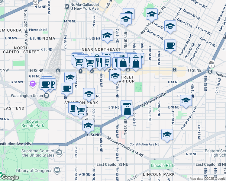 map of restaurants, bars, coffee shops, grocery stores, and more near 653 Morris Place Northeast in Washington
