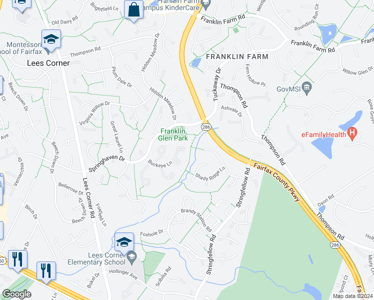 map of restaurants, bars, coffee shops, grocery stores, and more near 3305 Buckeye Lane in Fairfax