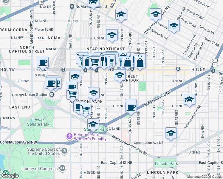 map of restaurants, bars, coffee shops, grocery stores, and more near 101 Independence Avenue Southeast in Washington