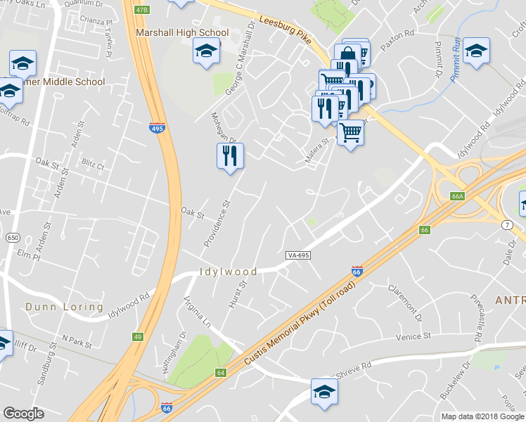 map of restaurants, bars, coffee shops, grocery stores, and more near 2233 Senseney Lane in Falls Church