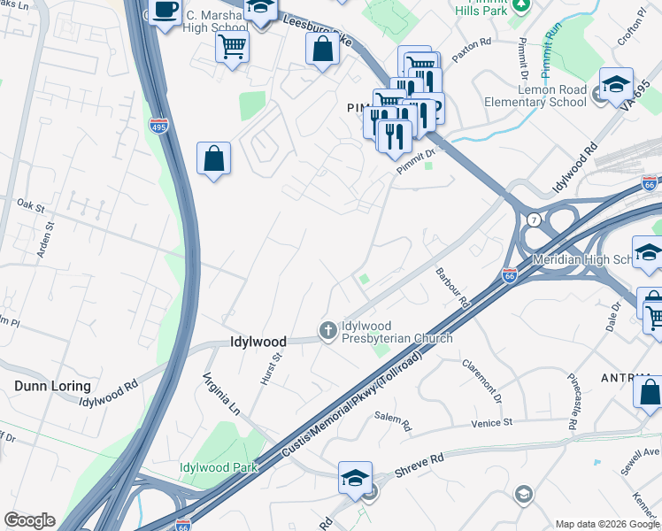 map of restaurants, bars, coffee shops, grocery stores, and more near 7624 Brittany Parc Court in Falls Church
