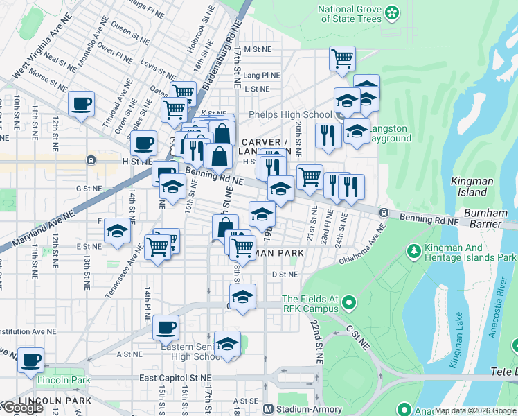 map of restaurants, bars, coffee shops, grocery stores, and more near 101 Independence Avenue Southeast in Washington