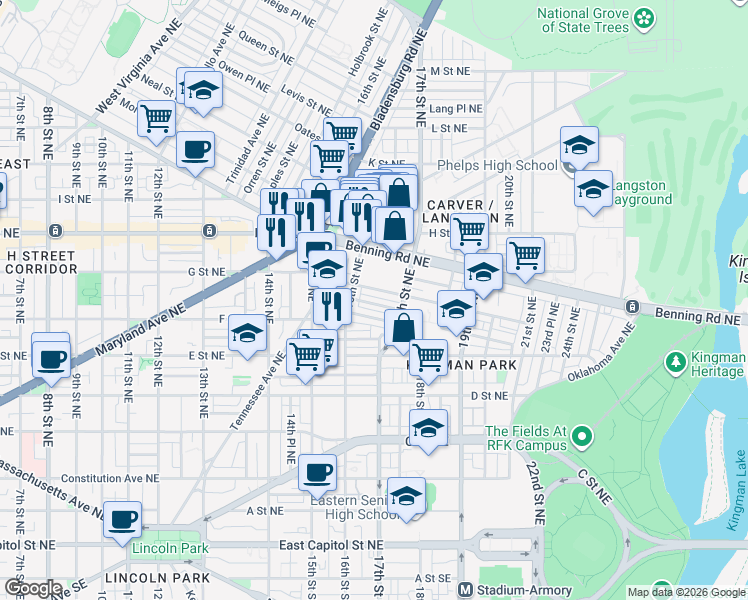 map of restaurants, bars, coffee shops, grocery stores, and more near 101 Independence Avenue Southeast in Washington