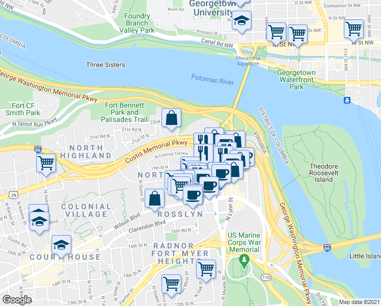 map of restaurants, bars, coffee shops, grocery stores, and more near 101 Independence Avenue Southeast in Washington
