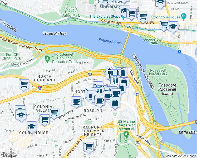 map of restaurants, bars, coffee shops, grocery stores, and more near 1563 North Colonial Terrace in Arlington