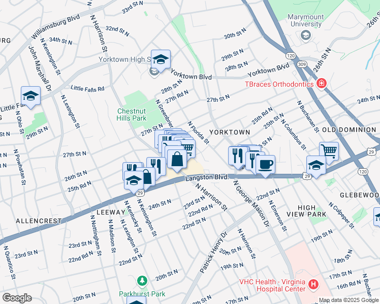 map of restaurants, bars, coffee shops, grocery stores, and more near 2539 North Greenbrier Street in Arlington