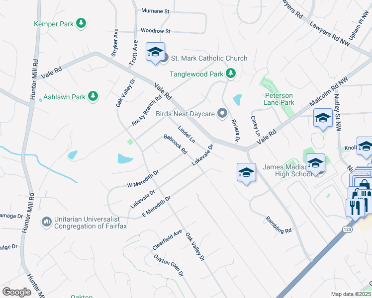 map of restaurants, bars, coffee shops, grocery stores, and more near 2513 Babcock Road in Vienna