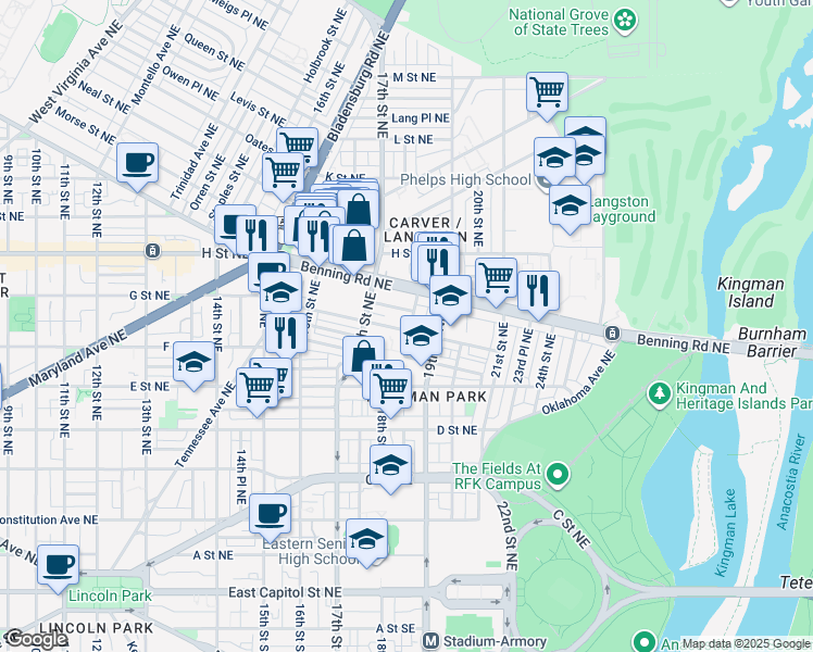 map of restaurants, bars, coffee shops, grocery stores, and more near 101 Independence Avenue Southeast in Washington
