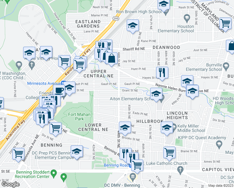 map of restaurants, bars, coffee shops, grocery stores, and more near 612 44th Street Northeast in Washington