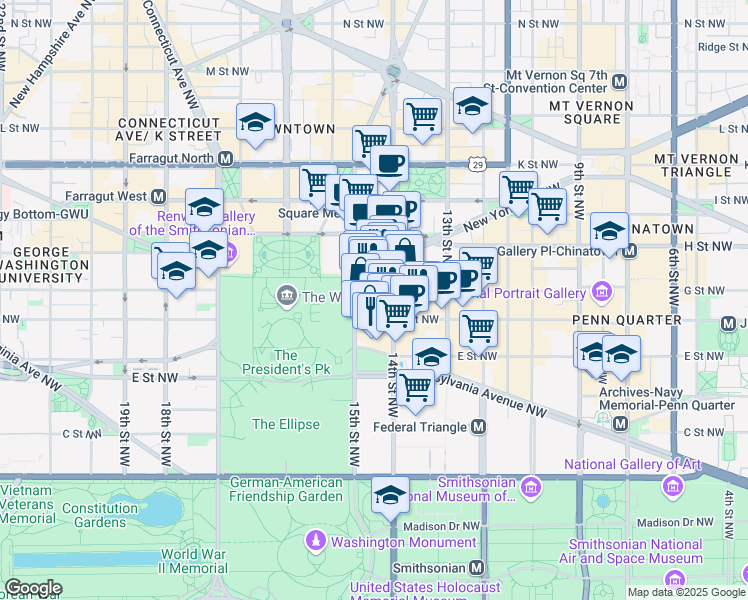 map of restaurants, bars, coffee shops, grocery stores, and more near 613 15th Street Northwest in Washington
