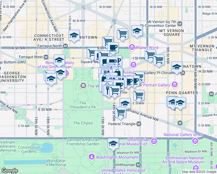 map of restaurants, bars, coffee shops, grocery stores, and more near 613 15th Street Northwest in Washington