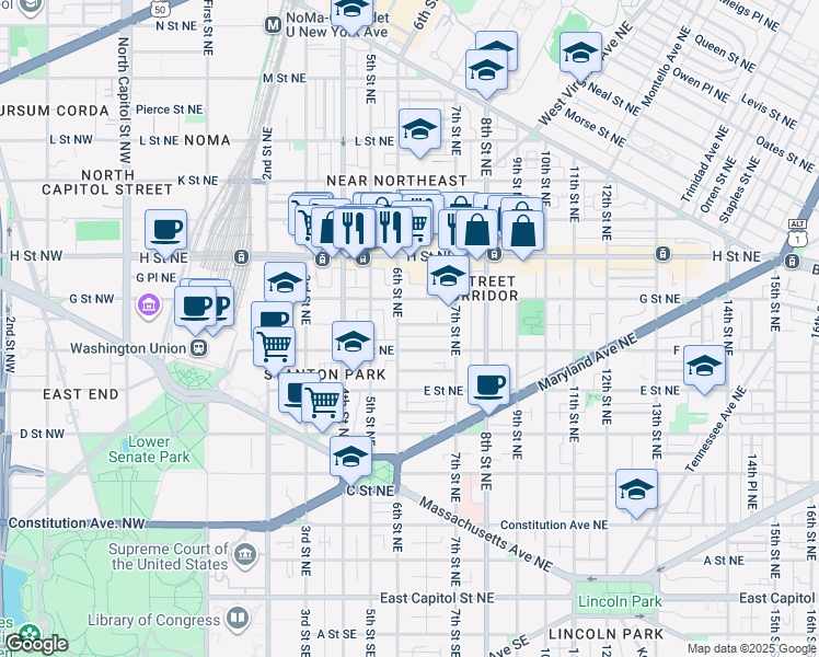 map of restaurants, bars, coffee shops, grocery stores, and more near 609 Morris Place Northeast in Washington