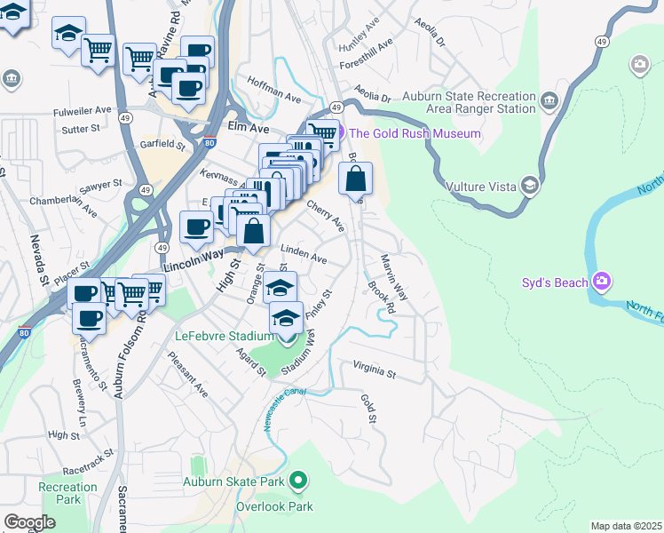 map of restaurants, bars, coffee shops, grocery stores, and more near 436 Linden Avenue in Auburn