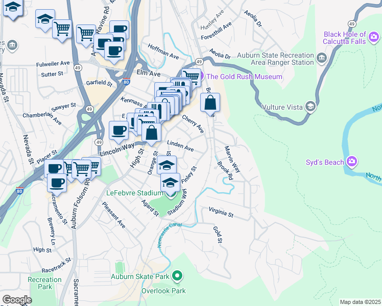 map of restaurants, bars, coffee shops, grocery stores, and more near 436 Linden Avenue in Auburn