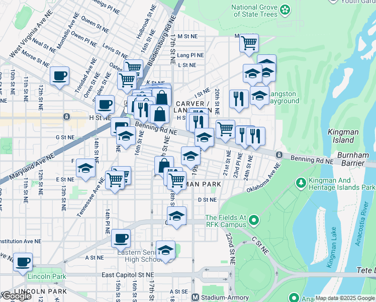 map of restaurants, bars, coffee shops, grocery stores, and more near 101 Independence Avenue Southeast in Washington