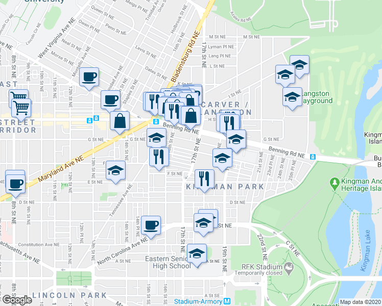 map of restaurants, bars, coffee shops, grocery stores, and more near 101 Independence Avenue Southeast in Washington