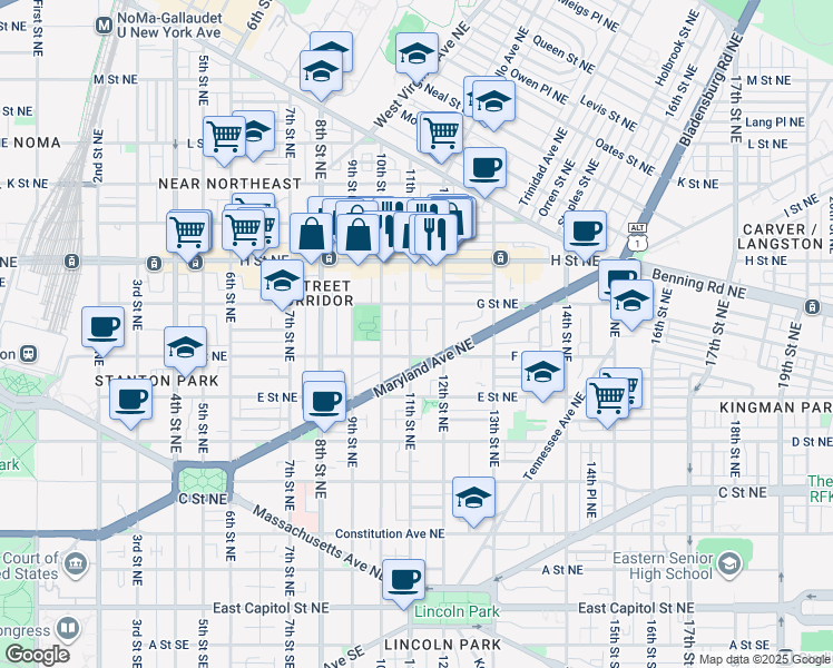 map of restaurants, bars, coffee shops, grocery stores, and more near 621 11th Street Northeast in Washington