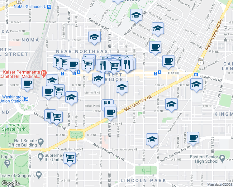 map of restaurants, bars, coffee shops, grocery stores, and more near 101 Independence Avenue Southeast in Washington