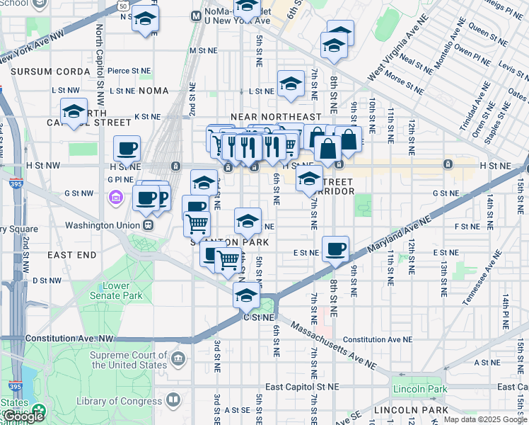 map of restaurants, bars, coffee shops, grocery stores, and more near 101 Independence Avenue Southeast in Washington