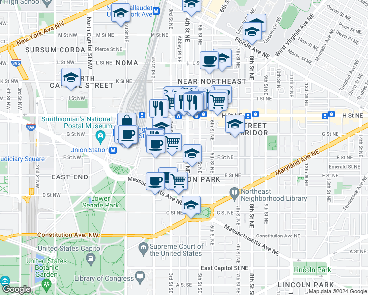 map of restaurants, bars, coffee shops, grocery stores, and more near 101 Independence Avenue Southeast in Washington