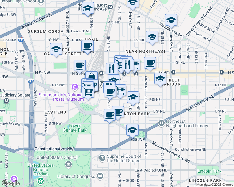 map of restaurants, bars, coffee shops, grocery stores, and more near 101 Independence Avenue Southeast in Washington