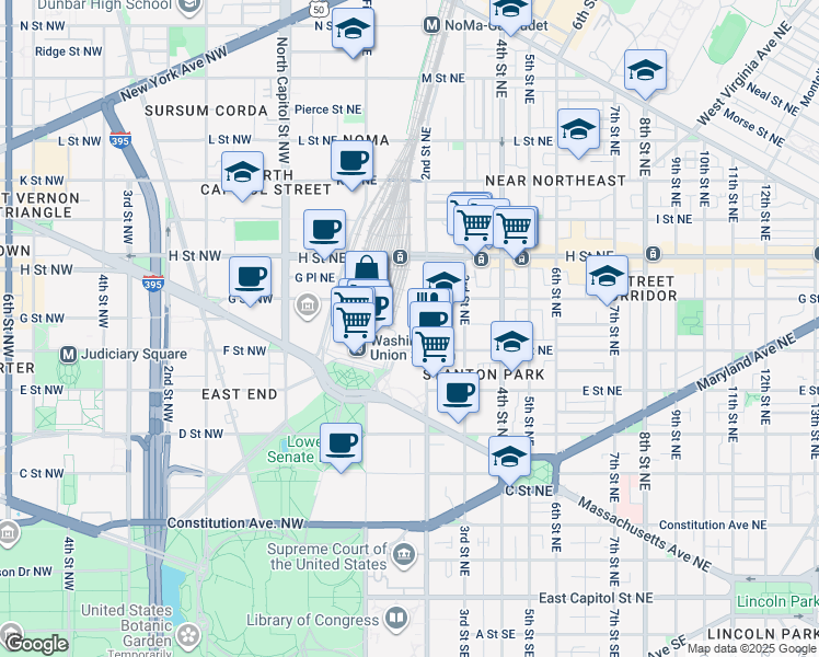 map of restaurants, bars, coffee shops, grocery stores, and more near 101 Independence Avenue Southeast in Washington