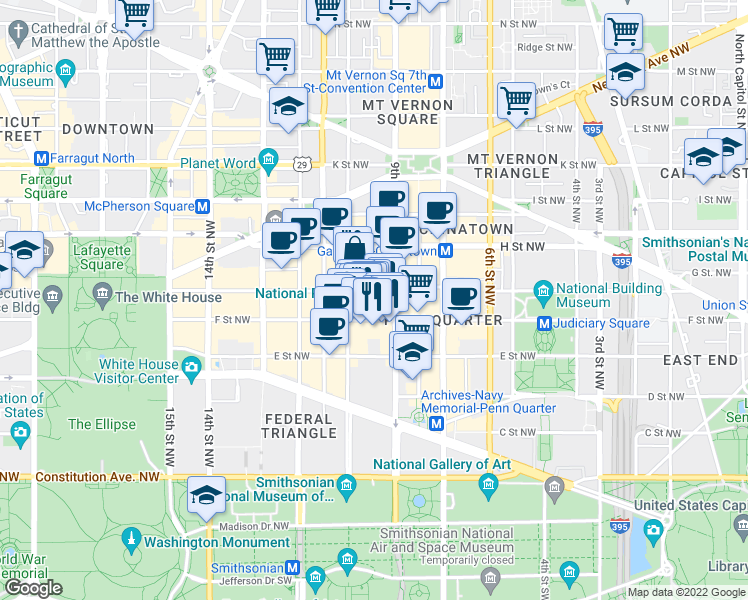 map of restaurants, bars, coffee shops, grocery stores, and more near 101 Independence Avenue Southeast in Washington