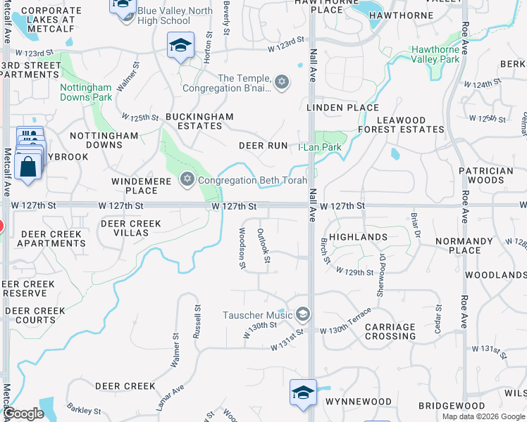 map of restaurants, bars, coffee shops, grocery stores, and more near 5700 West 127th Terrace in Leawood