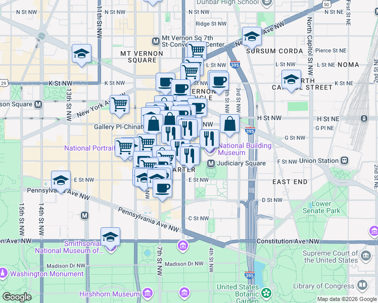 map of restaurants, bars, coffee shops, grocery stores, and more near 101 Independence Avenue Southeast in Washington