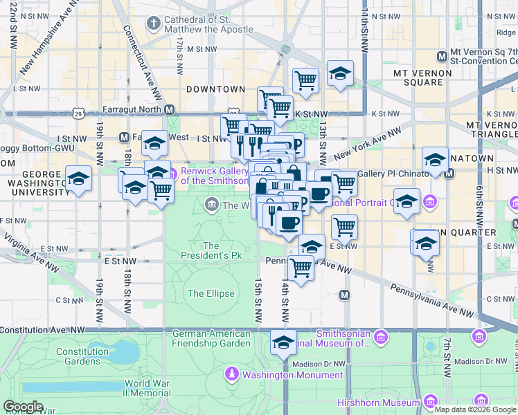 map of restaurants, bars, coffee shops, grocery stores, and more near 619 15th Street Northwest in Washington