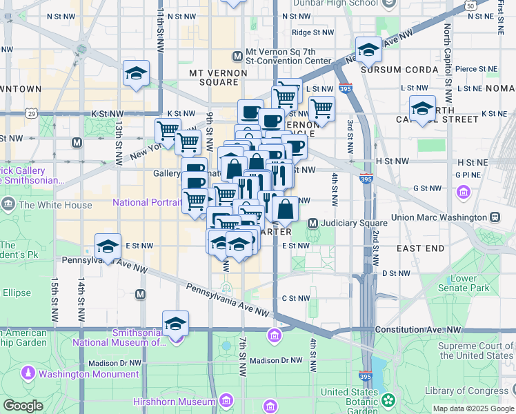 map of restaurants, bars, coffee shops, grocery stores, and more near 601 F Street Northwest in Washington