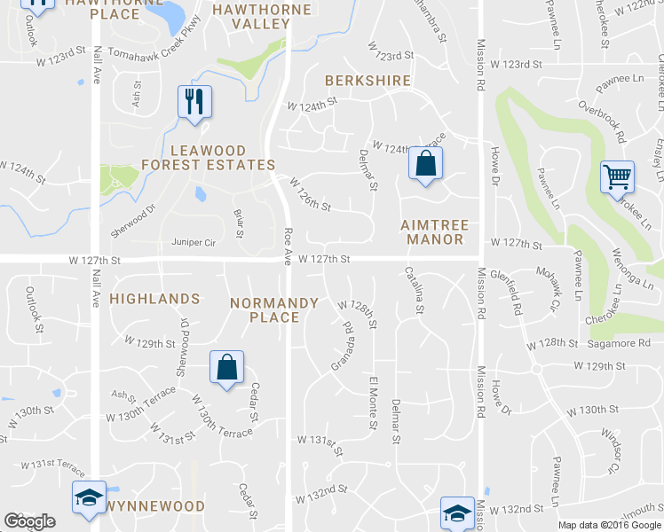 map of restaurants, bars, coffee shops, grocery stores, and more near 12701 Granada Road in Leawood