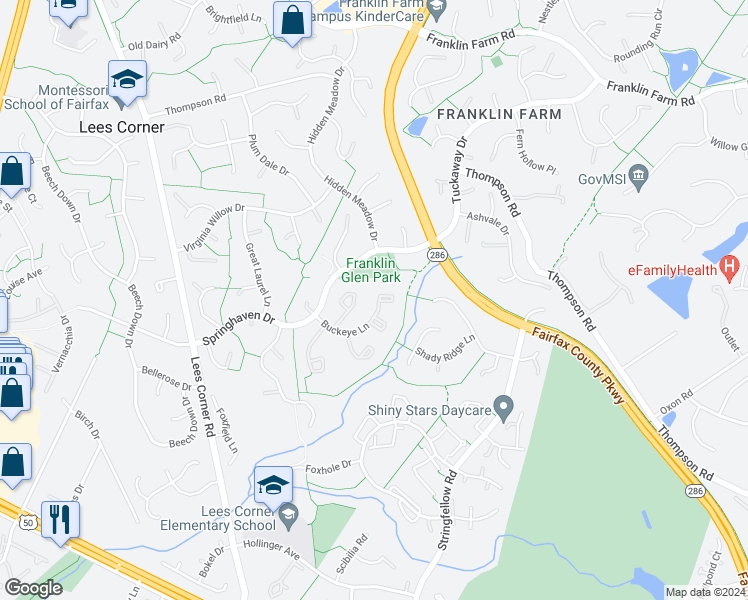 map of restaurants, bars, coffee shops, grocery stores, and more near 3330 Buckeye Lane in Fairfax