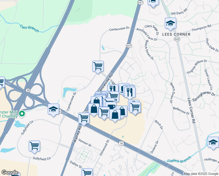 map of restaurants, bars, coffee shops, grocery stores, and more near 3820 Lightfoot Street in Chantilly