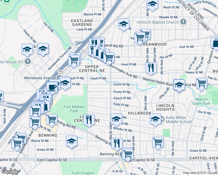 map of restaurants, bars, coffee shops, grocery stores, and more near 612 44th Street Northeast in Washington