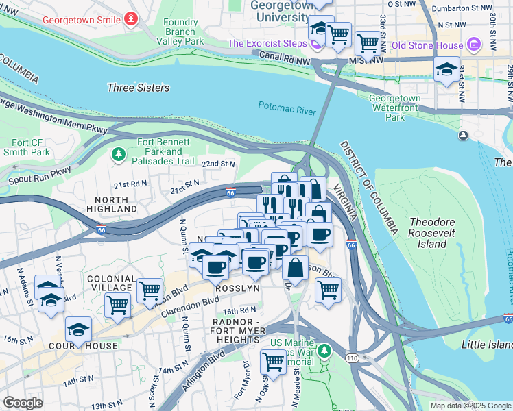 map of restaurants, bars, coffee shops, grocery stores, and more near 1565 North Colonial Terrace in Arlington
