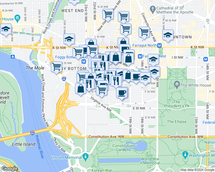map of restaurants, bars, coffee shops, grocery stores, and more near 620 21st Street Northwest in Washington