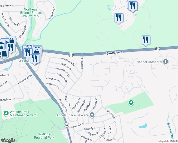map of restaurants, bars, coffee shops, grocery stores, and more near 13003 Cannon Place in Upper Marlboro