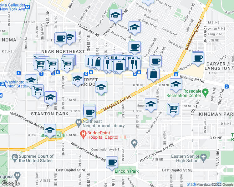 map of restaurants, bars, coffee shops, grocery stores, and more near 621 11th Street Northeast in Washington