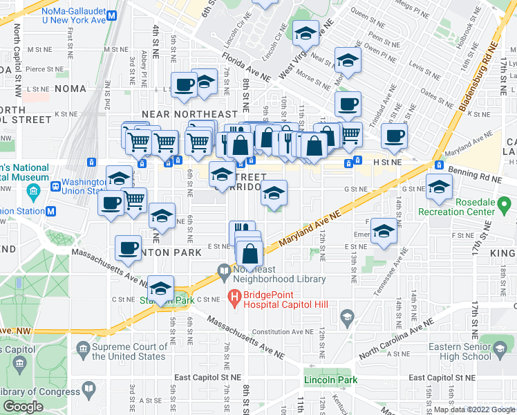map of restaurants, bars, coffee shops, grocery stores, and more near 629 Pickford Place Northeast in Washington