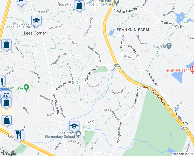 map of restaurants, bars, coffee shops, grocery stores, and more near 3619 Sweethorn Court in Fairfax