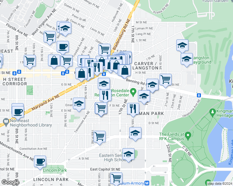 map of restaurants, bars, coffee shops, grocery stores, and more near 1636 Kramer Street Northeast in Washington