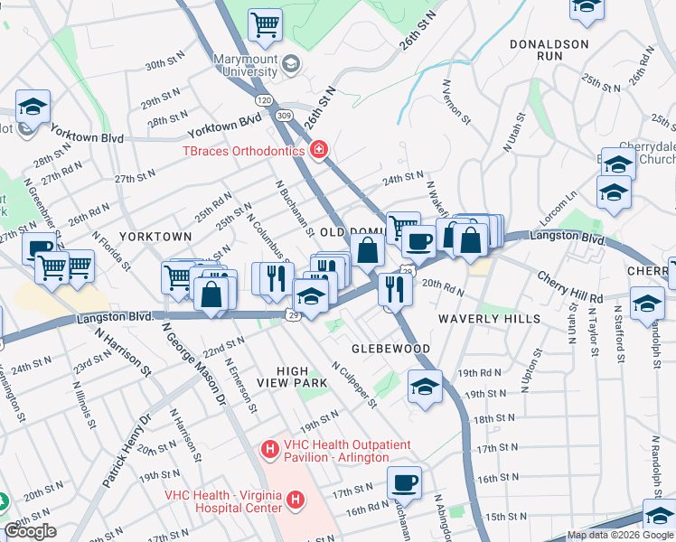 map of restaurants, bars, coffee shops, grocery stores, and more near 2232 North Buchanan Street in Arlington