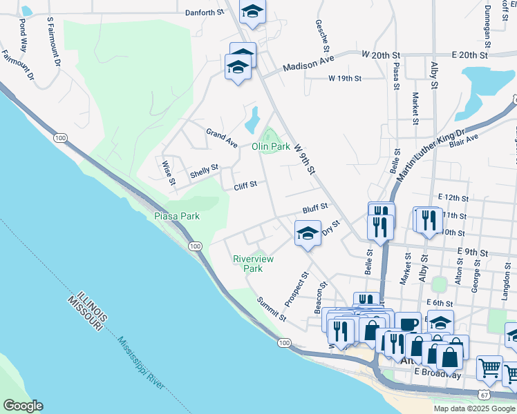 map of restaurants, bars, coffee shops, grocery stores, and more near 1110 State Street in Alton