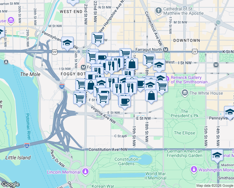map of restaurants, bars, coffee shops, grocery stores, and more near 2020 G St NW in Washington
